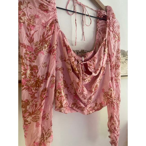NWT Free People Hilary Pink Floral Long Sleeve Crop Top XS Tie Front Blouse - Picture 5 of 9